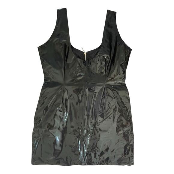 Vintage 90s Vinyl PVC Wet Look Goth Zip Front Black Mini Dress Size 16 NWT - Picture 3 of 15